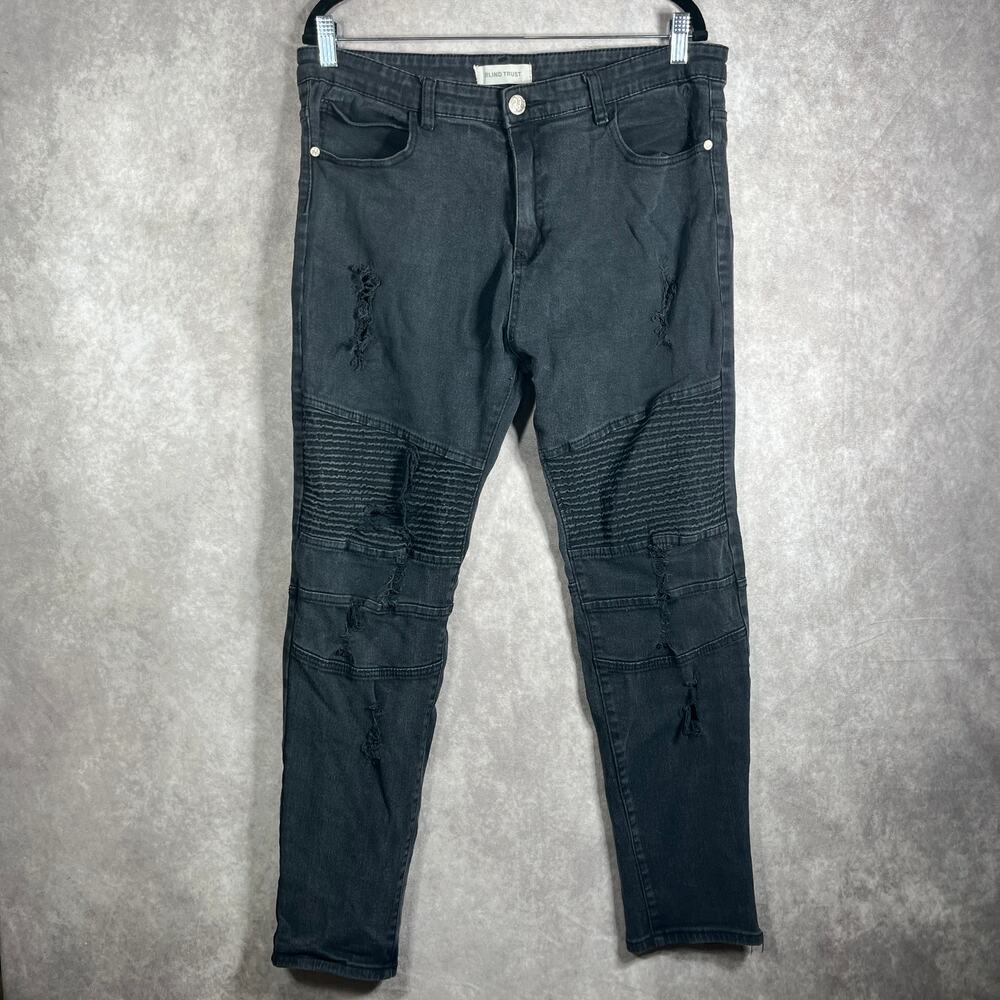 Blind Trust Moto Skinny Jeans Mens Size 38X32 Black Denim Stretch Distressed